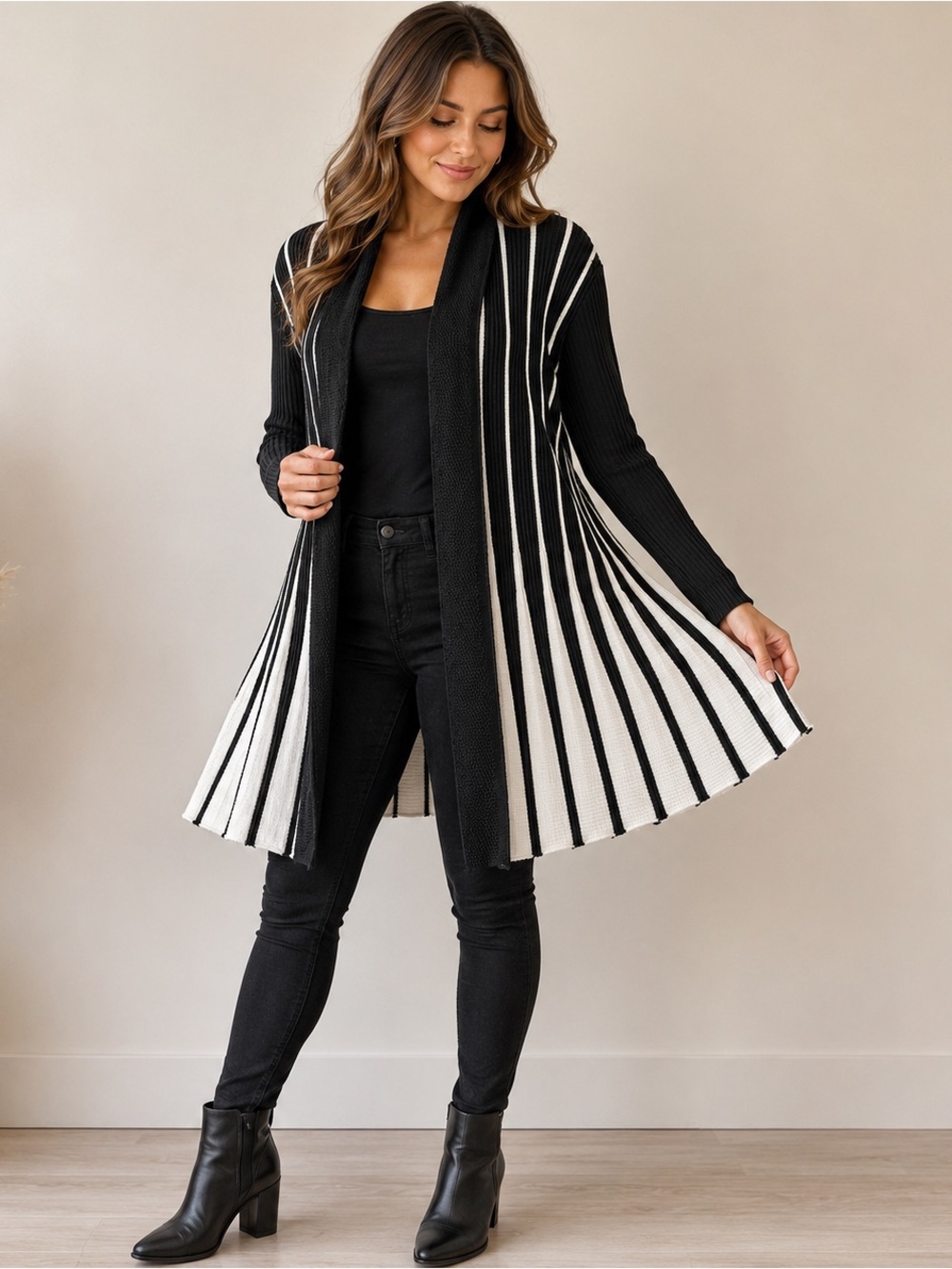 Black & White Ribbed Open Front Long Cardigan Sweater, Small - Medium